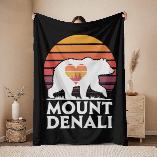 Retro Mount Denali Bear Sunset Art Throw Blankets