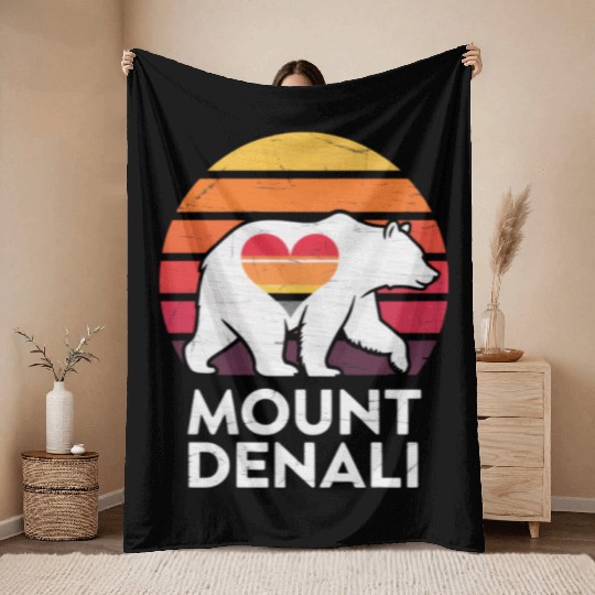 Vintage Bear Mount Denali Sunset Wilderness Throw Blankets