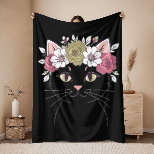 Royal Cat with a Rose Crown Throw Blankets