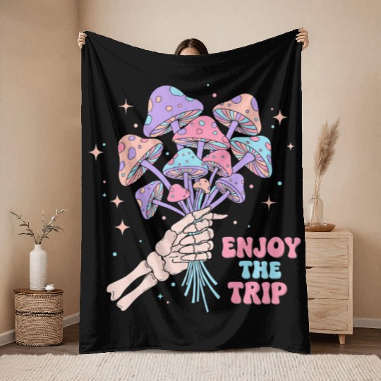 Psychedelic Mushrooms with Skeleton Hand Throw Blankets