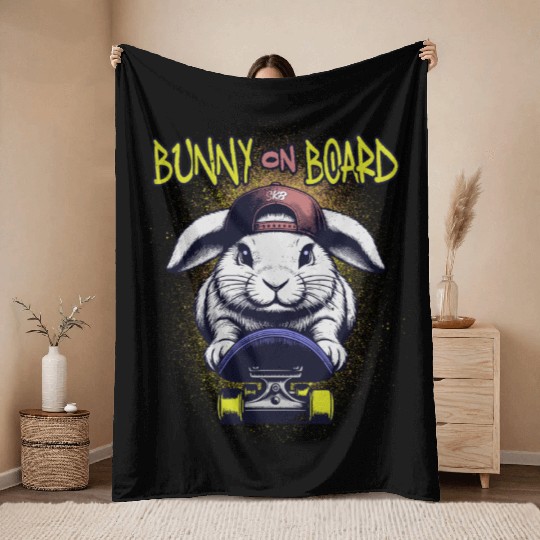 Bunny on Board Street Style Skateboarding Rabbit Throw Blankets