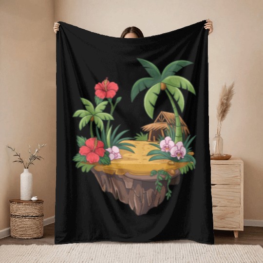 Tropical Island Hut Hibiscus and Orchids Throw Blankets