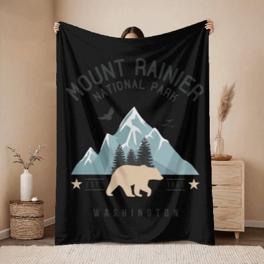 Mount Rainier National Park Est. 1889 Washington Throw Blankets