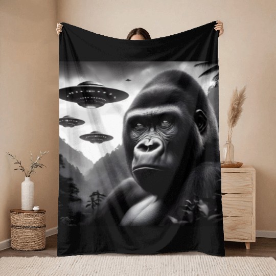 Gorilla Monkey Funny Graphic Selfie with UFOs Weir Throw Blankets