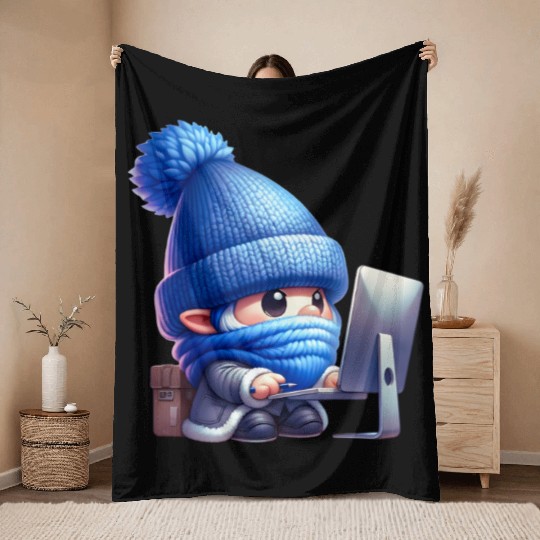 Hardworking Gnome at the Computer Throw Blankets