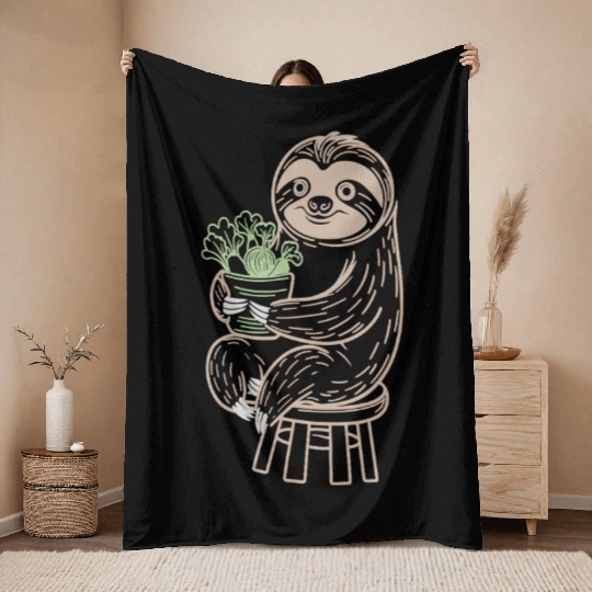 Vegan Vegetarian Sloth Holding Veggies Throw Blankets