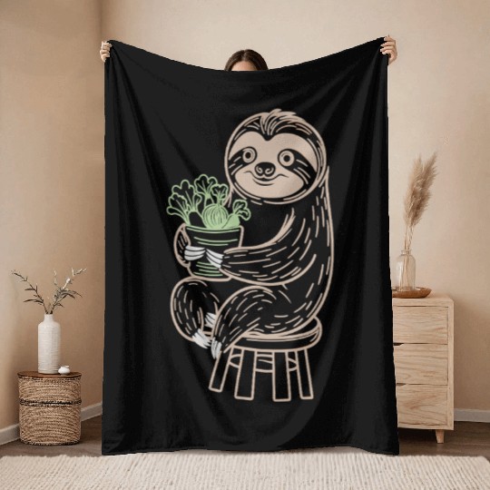Vegan Vegetarian Sloth Holding Veggies Throw Blankets