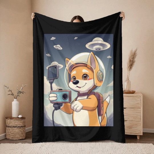 Funny Dog Rescue Anime Selfie with UFOs Weird Throw Blankets