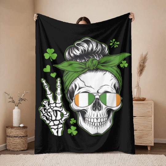 Funny St Patricks Day Skull Messy Bun Saint Pattys Throw Blankets