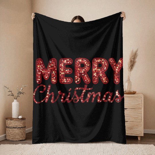 Merry Christmas Sequin Red Sparkle Design Xmas Throw Blankets
