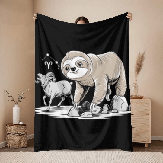 Aries Zodiac Soth with Ram and Sloth Illustration Throw Blankets