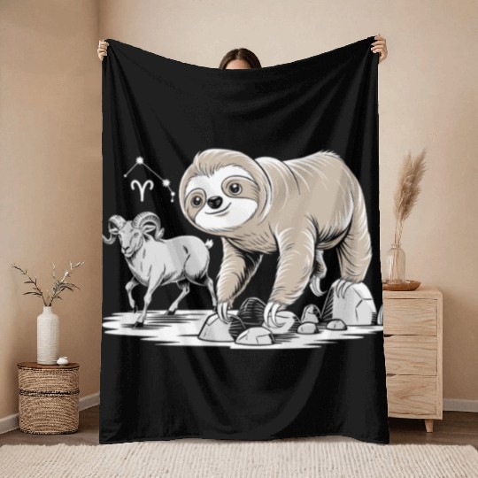 Aries Zodiac Soth with Ram and Sloth Illustration Throw Blankets