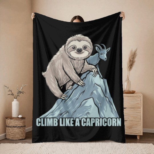 Climb Like A Capricorn Zodiac Sloth Adventure Throw Blankets
