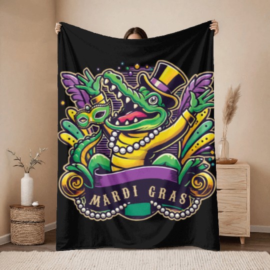 Mardi Gras Alligator Mask Celebration Vibes Throw Blankets