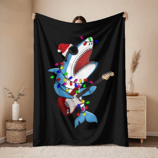 Shark Santa Guitar Player Throw Blankets