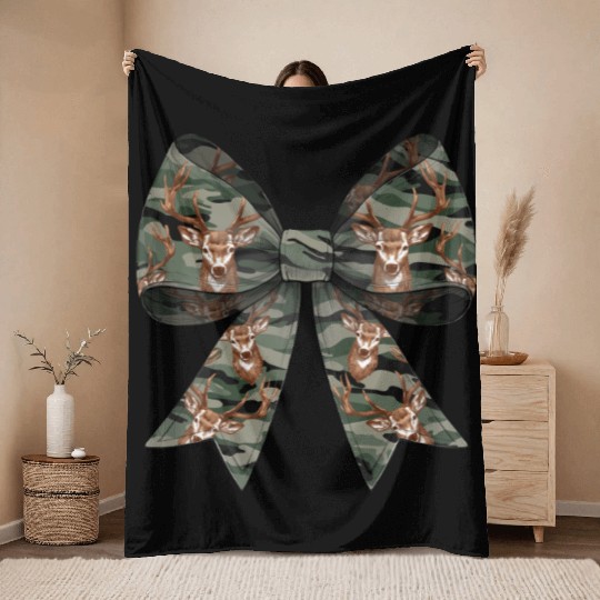 Coquette Bow Deer Hunting Hunter Camouflage Ribbon Throw Blankets