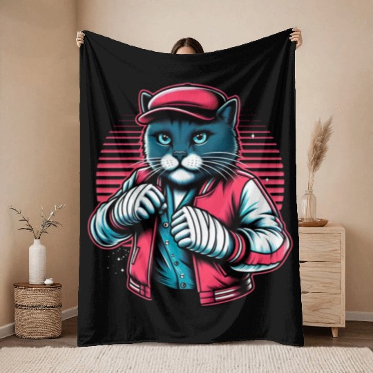 Vintage Street Fighter Cat #Vintage #Streetwear Throw Blankets