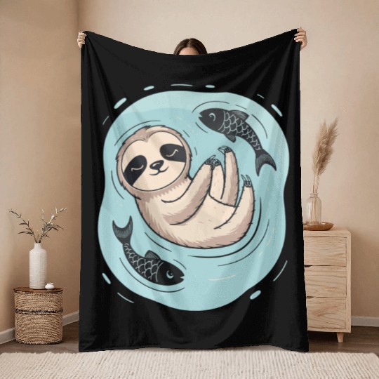 Pisces Zodiac Sloth Relaxing with Fish Dreams Throw Blankets