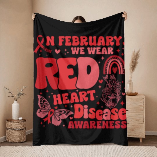In February We Wear Red Rainbow CHD Awareness Throw Blankets