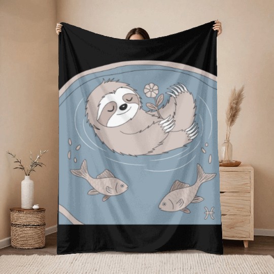 Relaxing Pisces Zodiac Sloth Embracing Serenity Throw Blankets