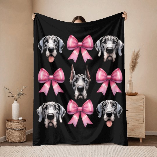 Coquette Bow Great Dane Dog Mom Pink Ribbon Cute Throw Blankets
