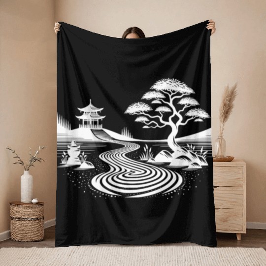 Meditative Balance Japanese Temple Garden Throw Blankets