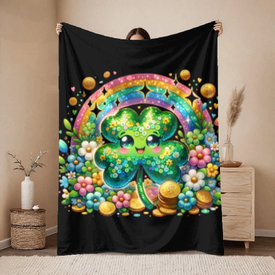 St. Patrick's Day Shamrock Pot Gold Rainbow Throw Blankets