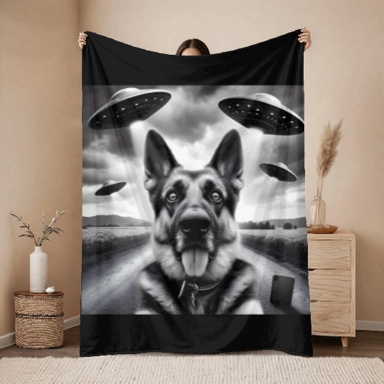 German shepherd Gsp Funny Graphic Selfie UFOs Weir Throw Blankets