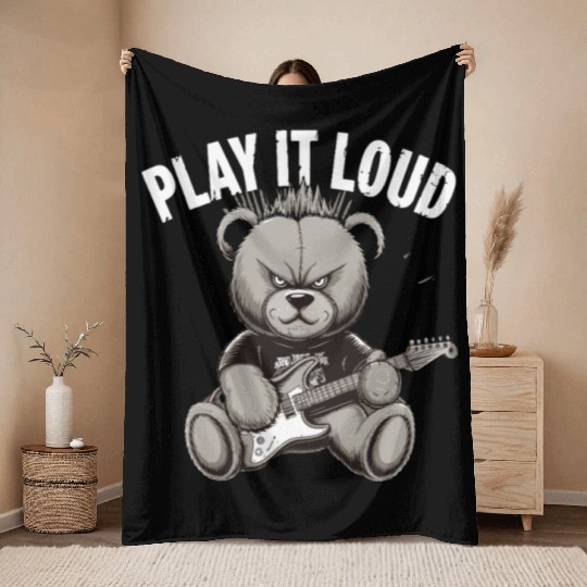 Heavy Metal Bear Play It Loud Vibes for Music Throw Blankets
