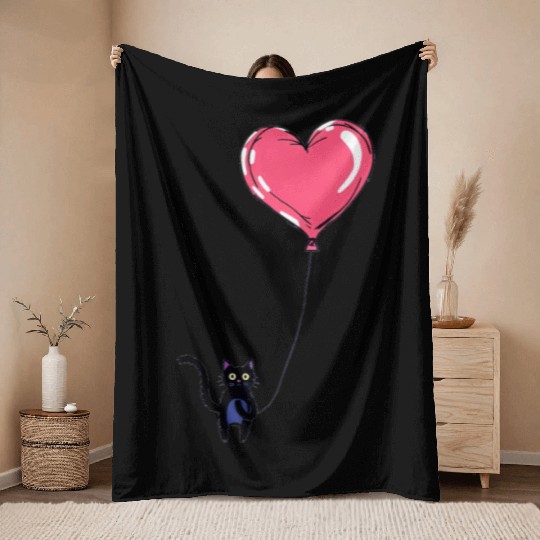 Cat Holding a Heart-Shaped Balloon Throw Blankets