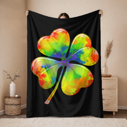 Tie Dye Shamrock Lucky Four Leaf Clover St Patrick Throw Blankets