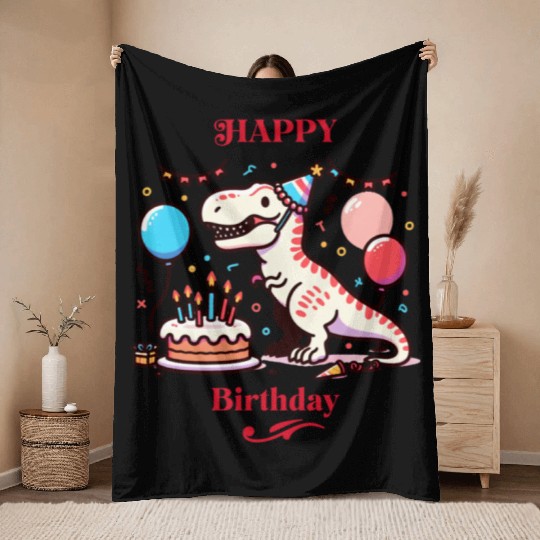 Happy Birthday T-Rex Cake Balloons Throw Blankets
