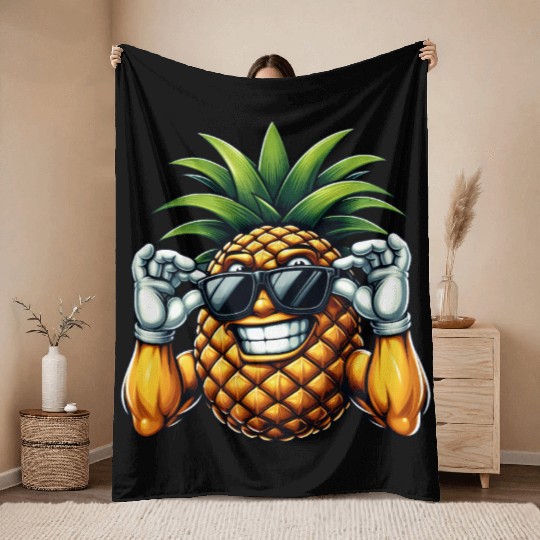 Strong Pineapple with Sunglasses Cartoon Throw Blankets