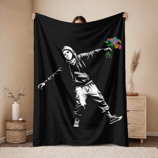 Banksy Protester Throwing Flowers Throw Blankets
