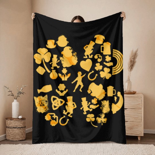 Gold 4-Leaf Clover Collage graphic Design Throw Blankets