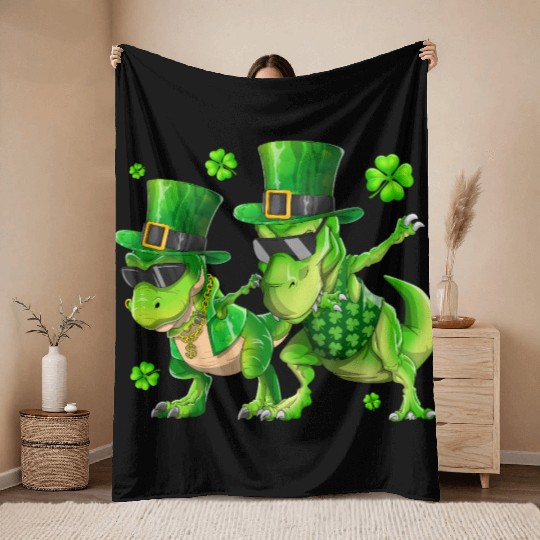 Happy St Patricks Day Dinosaur T-rex Dabbing Throw Blankets