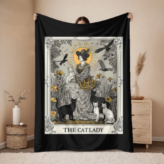 The Cat Lady Tarot Card Vintage Gothic Cat Mom Throw Blankets