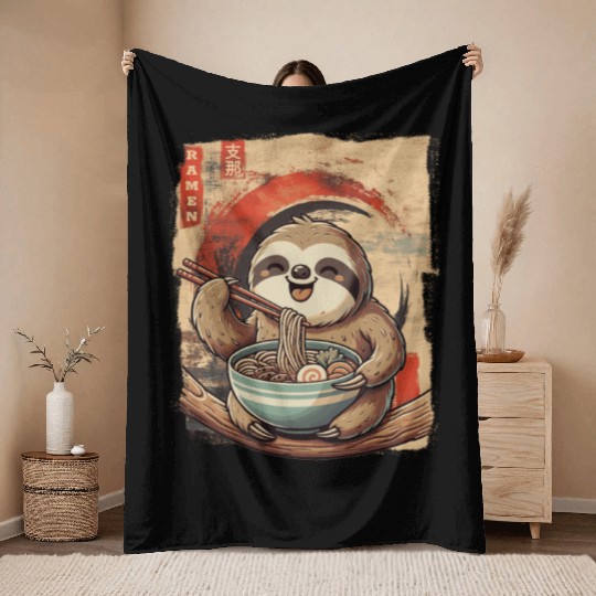 Cute Kawaii Sloth Eat Ramen Japanese Aesthetics Throw Blankets