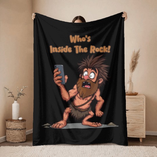 Funny Caveman – Stone Age Meets Modern Technology Throw Blankets