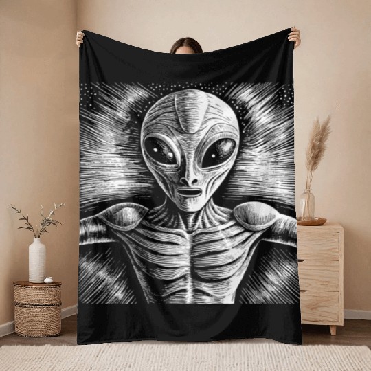 Grey Alien Engraving Throw Blankets
