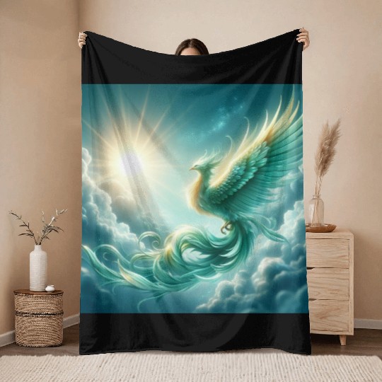 Green & Gold Rising Phoenix Throw Blankets
