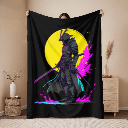 Cyberpunk Samurai Warrior Neon Art Design Throw Blankets
