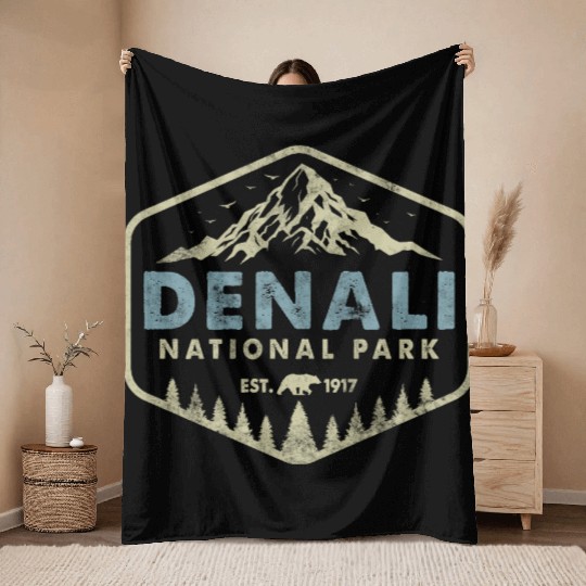 Retro Denali National Park Mountains Nature Hiking Throw Blankets