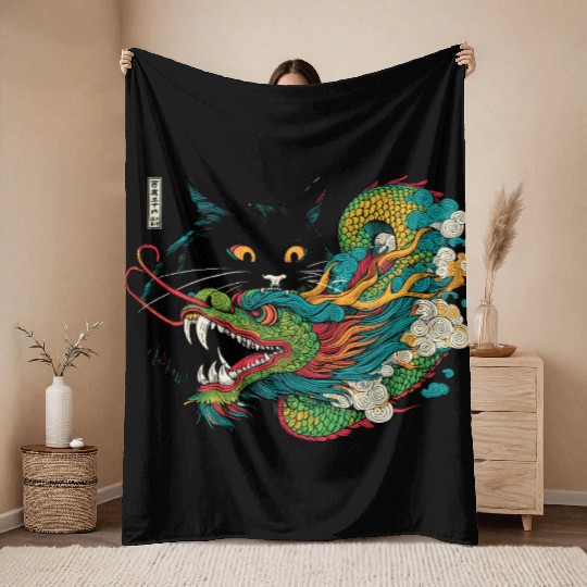 Ukiyo-e Black Cat Chinese Dragon Throw Blankets