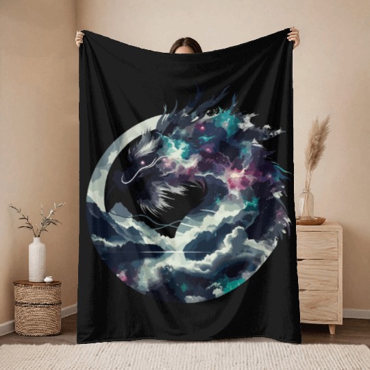 Zen Black Chinese Dragon Throw Blankets