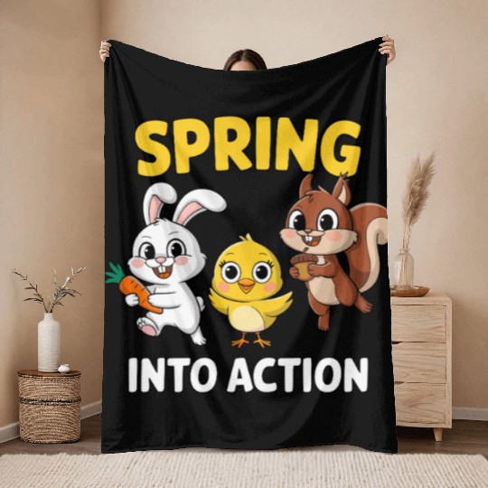 Spring Into Action- Cute Bunny, Chick and Squirrel Throw Blankets
