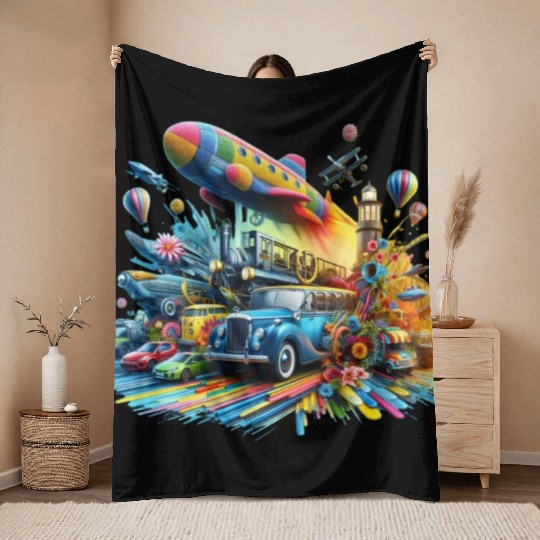 Multi-Colored Vehicles Throw Blankets