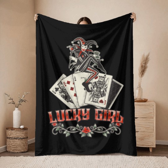 Lucky Girl Cards Tattoo Style Poker Throw Blankets