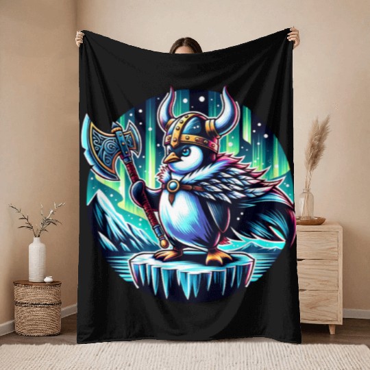 Viking Penguin with Axe Under Northern Lights Throw Blankets
