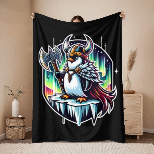 Viking Penguin Conquering Northern Lights Throw Blankets